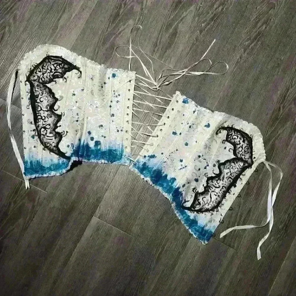 Butterfly on white romantic lace-up boned overbust sweetheart  corset bustier - Picture 8 of 11